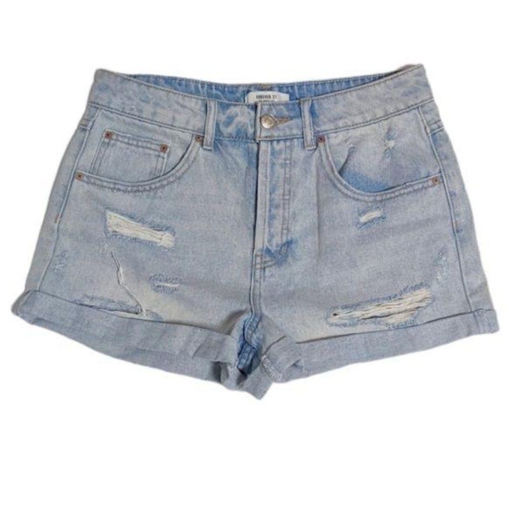 ‎Forever 21 Distressed High Waist Cuffed Jean Short Light Wash 26